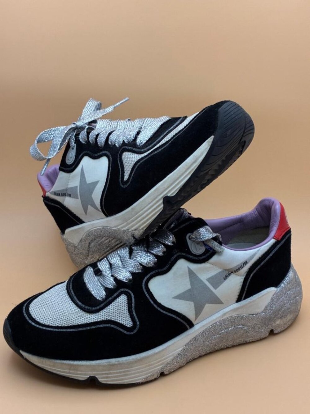 GOLDEN GOOSE Women's Superstar White & Black Leather Glitter Star Sneakers EU 35